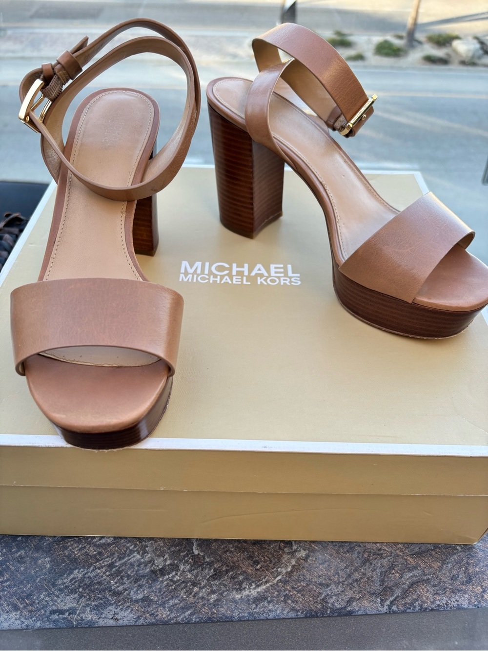 Michael Kors Blush Tan Leather Platform Block Heel Sandals